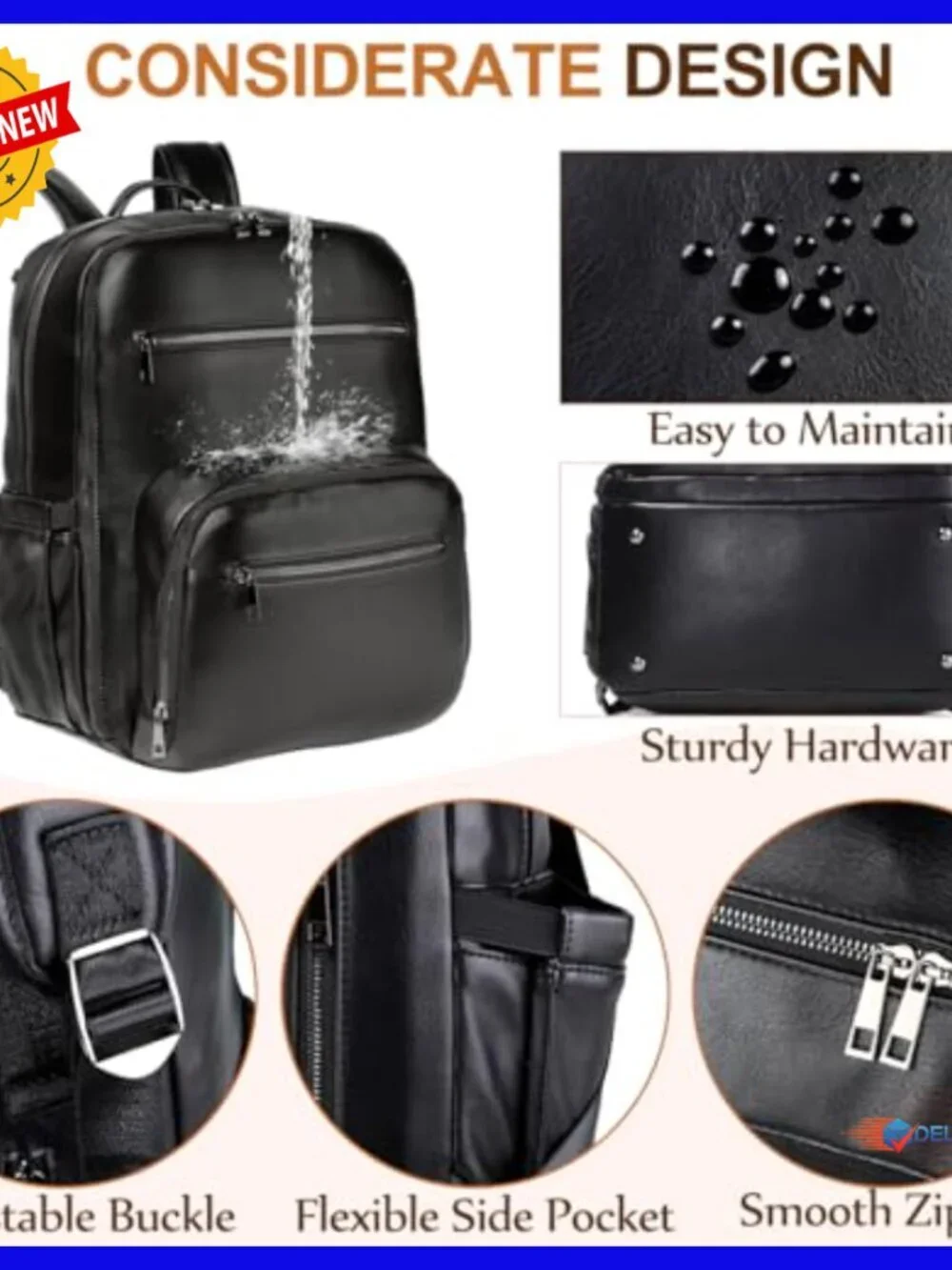 Large Vegan Leather Diaper Backpack with Changing Pad, Laptop Sleeve, Insulated
